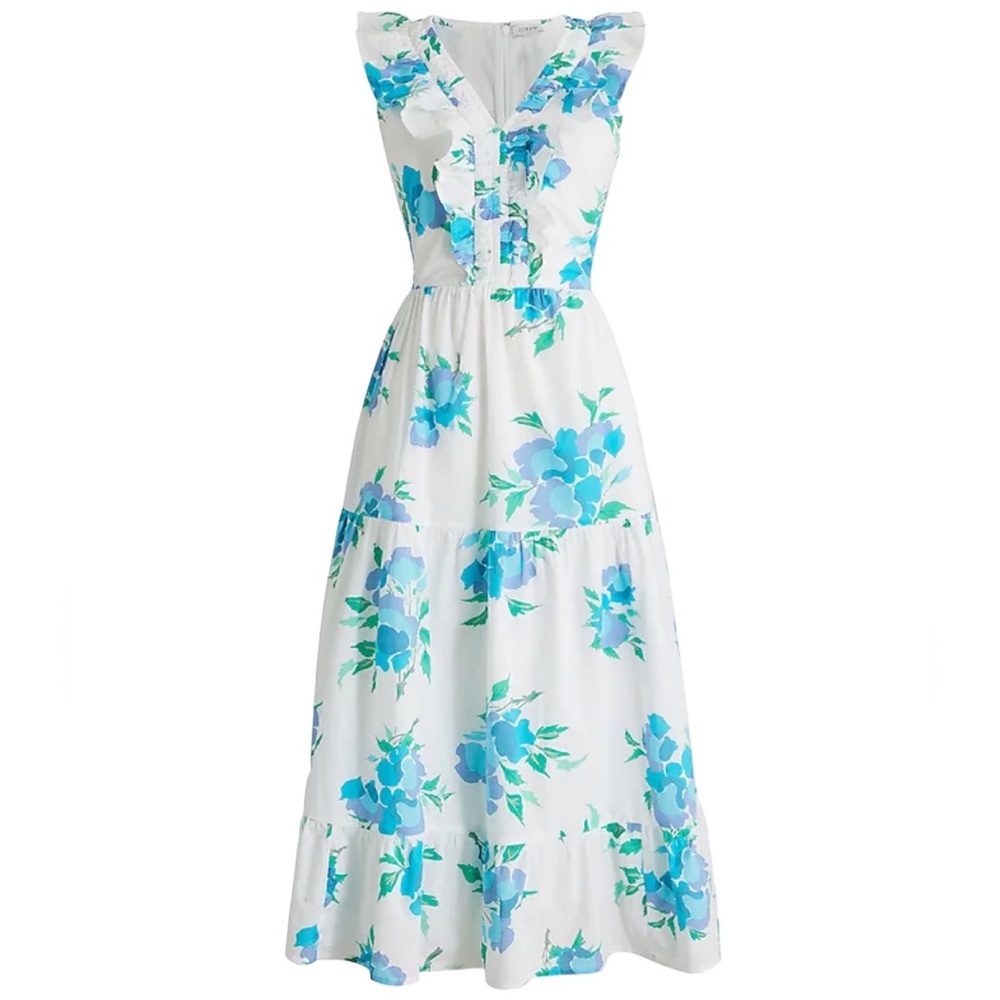 *NWT* J. Crew Printed V-Neck Smocked Midi Dress w/ Pockets, Tiered Swing Dress